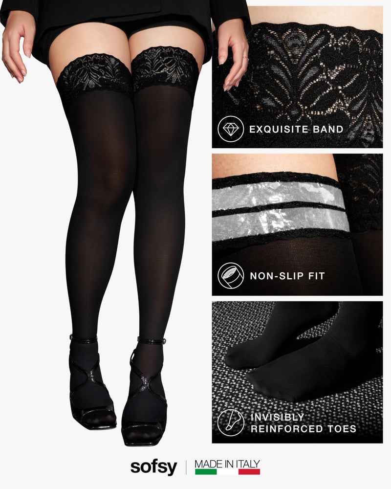 sofsy Shape-Retention Black Stockings for Women Plus Size - Italian 60 Den Opaque Thigh High Tights | Floral Lace Silicone Stay Up Nylons - XXL - Image 4